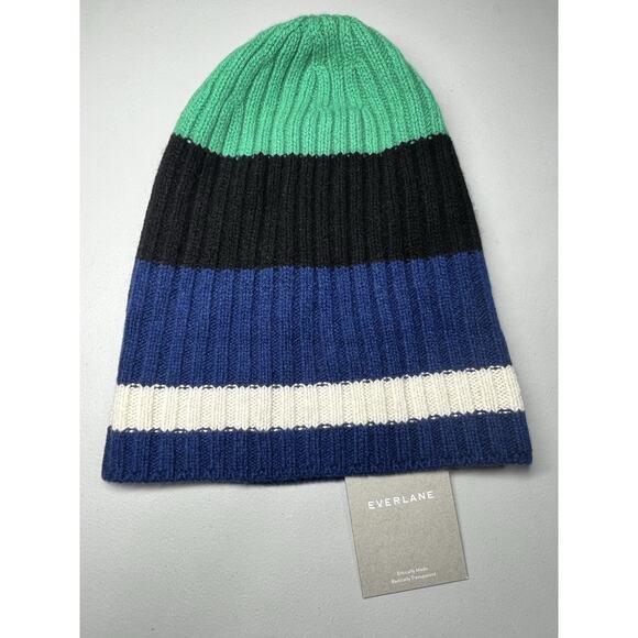Everlane The Cashmere Beanie Hat OS Adult Bright Navy Green Multi Stripe Ribbed - Picture 3 of 5